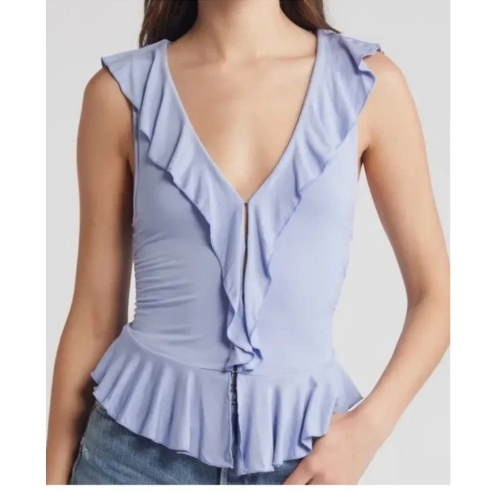 Free People Ruffle Me Away Slim Fit Plunge Neck Top Womens L Blue Heron Pullover